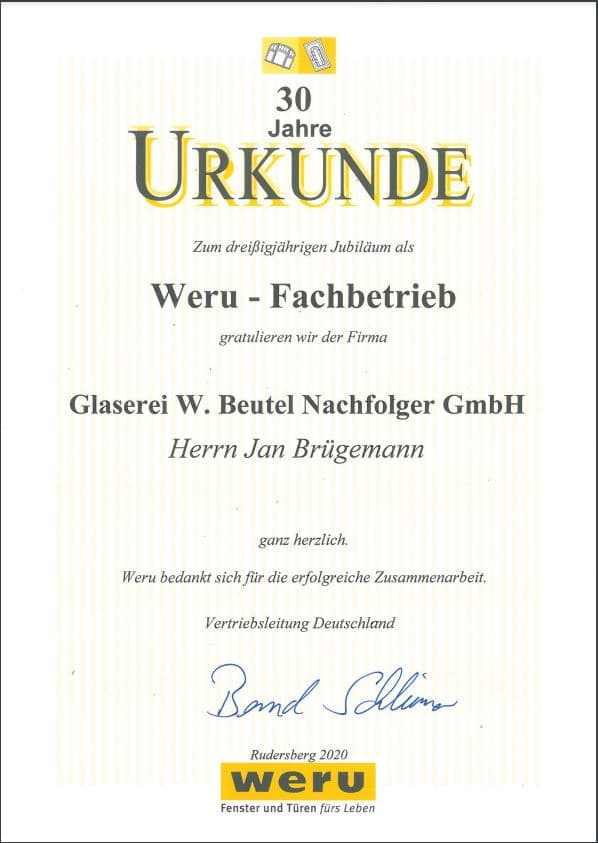 Urkunde 30 Jahre WERU-Fachpartner
