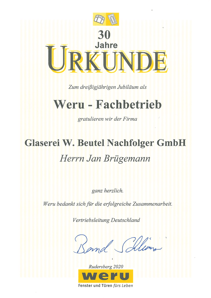 Urkunde zum dreißigjährigen Jubiläum als Weru-Fachbetrieb für Glaserei Wilhelm Beutel Nachfolger GmbH