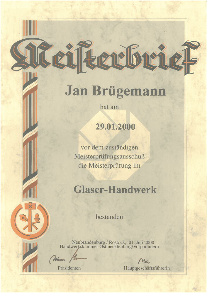 Meisterbrief von Jan Brügemann, bestanden am 29. Januar 2000 im Glaser-Handwerk