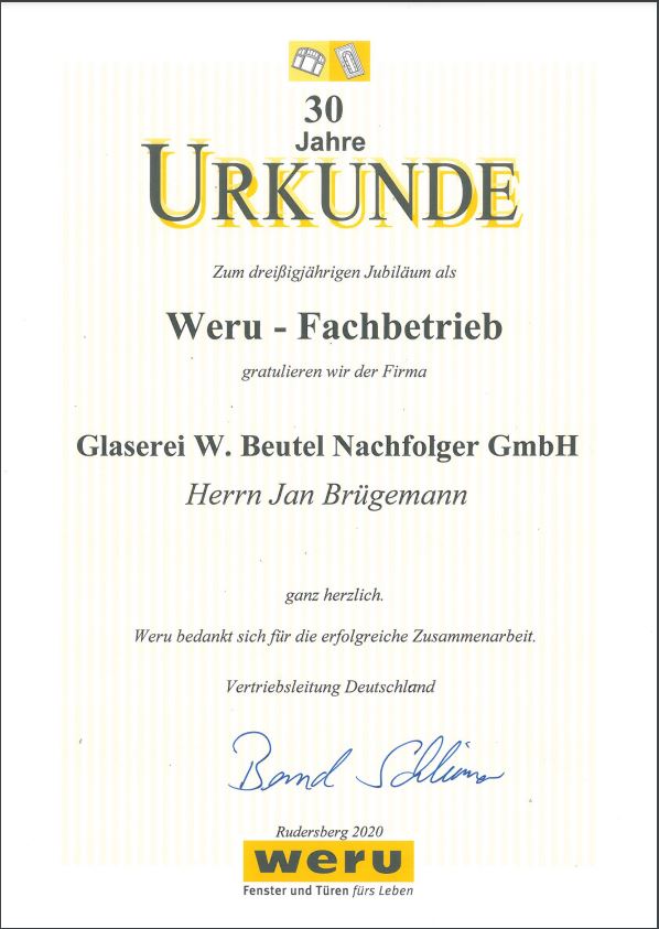 Urkunde 30 Jahre WERU-Fachpartner